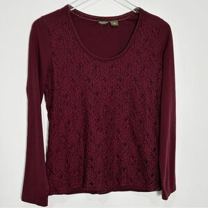 Eddie Bauer Maroon Lace Front Long Sleeve Tee Scoop Neck